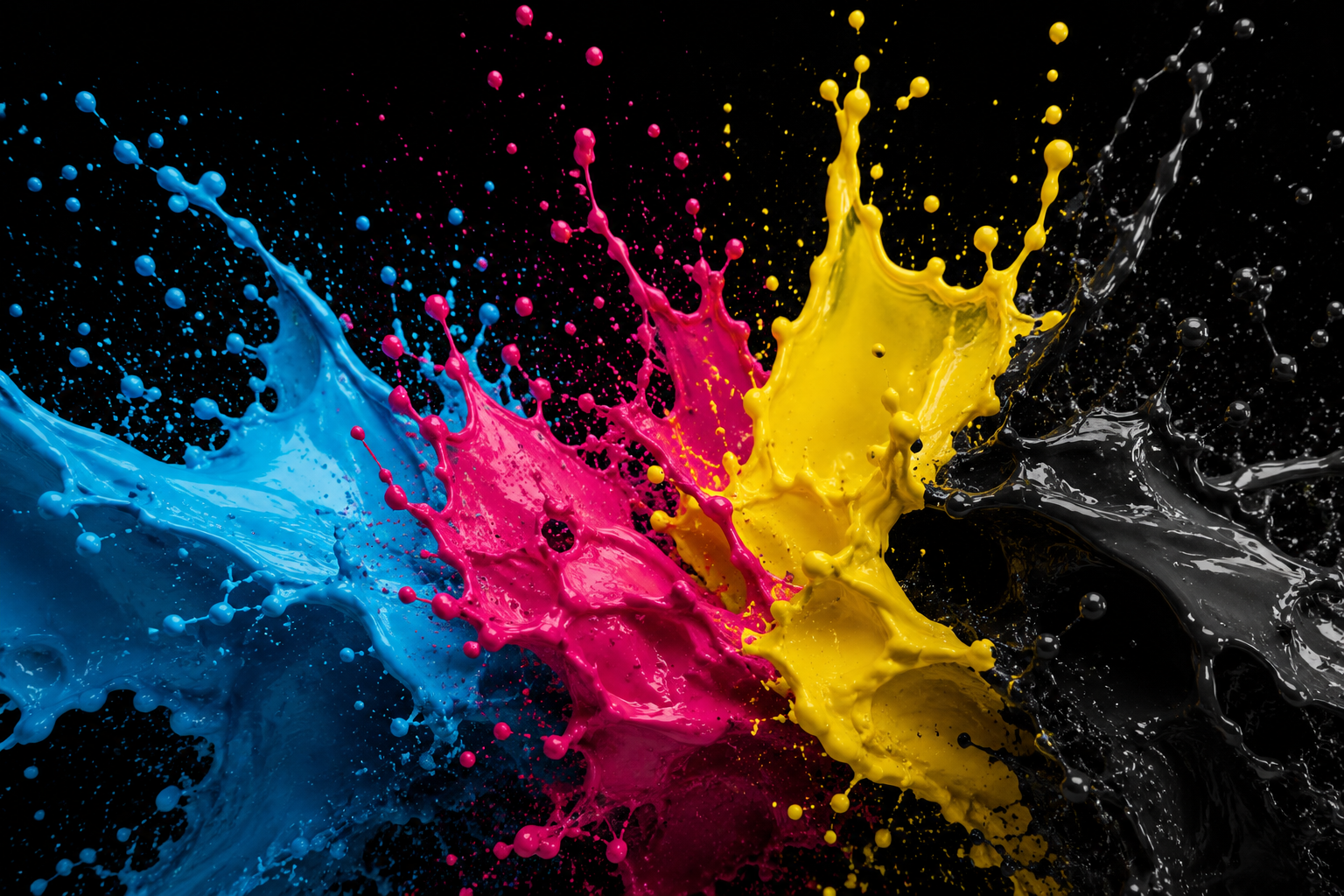 CMYK cyan magenta yellow black ink splash on black background