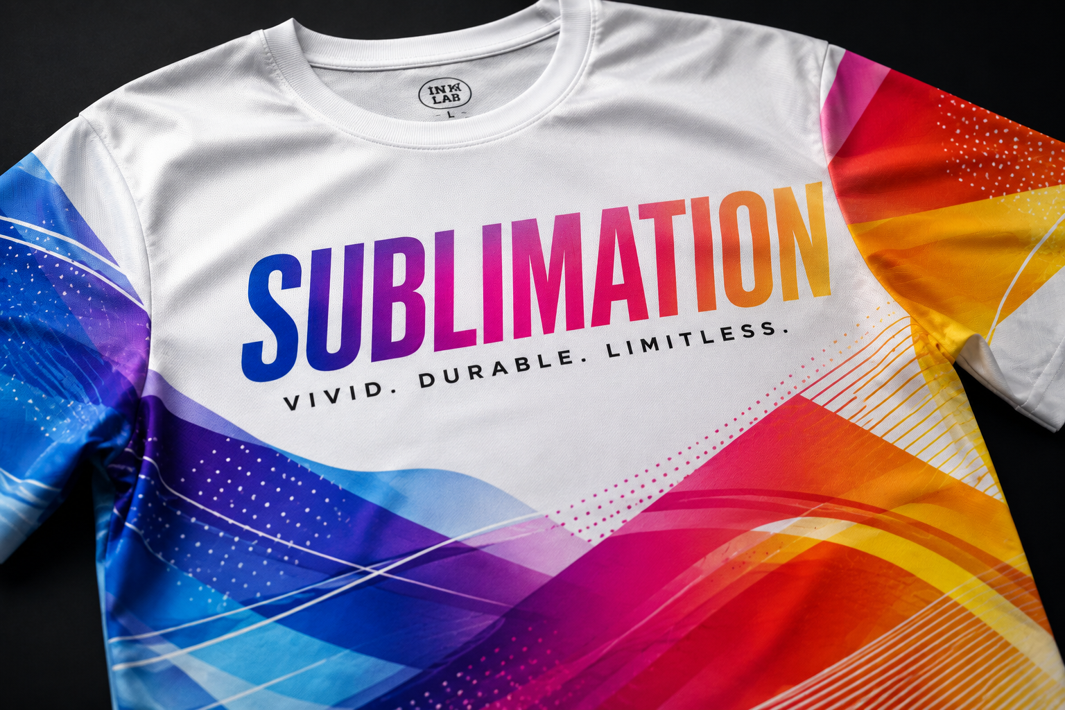 All-over sublimation print on white polyester showing vivid full-color saturation